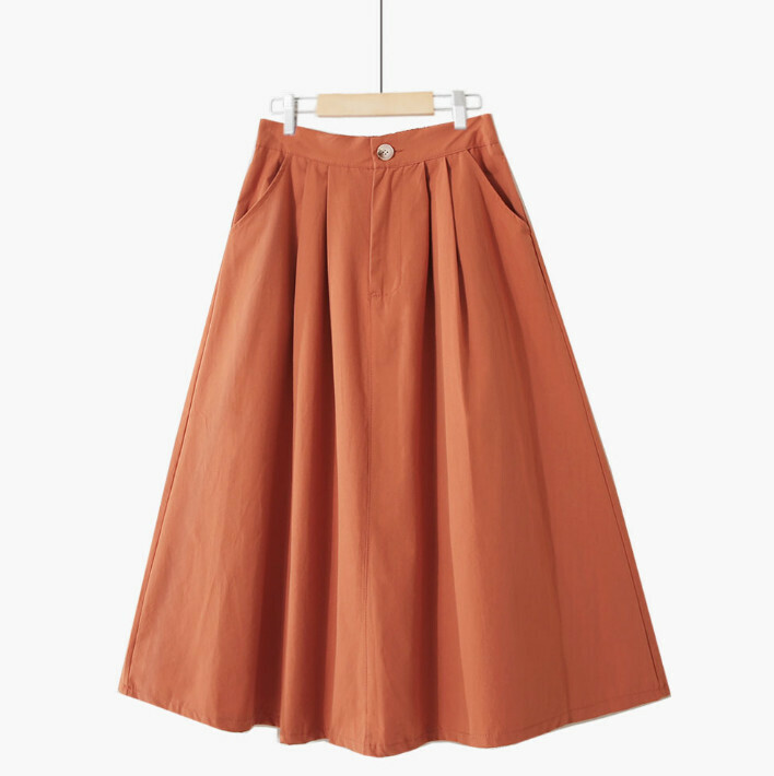 Simple Button Pocket Skirt [Orange-One-Size Elasticated Waist]