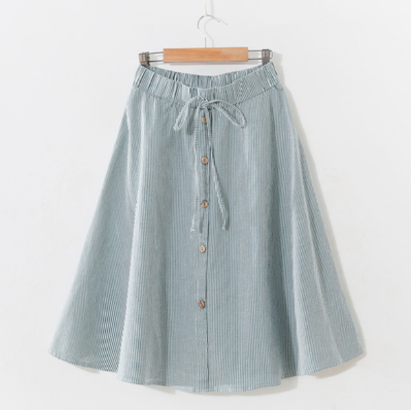 Small fresh elasticated high-waisted skirt (literary green [striped] one-size-fits-all)