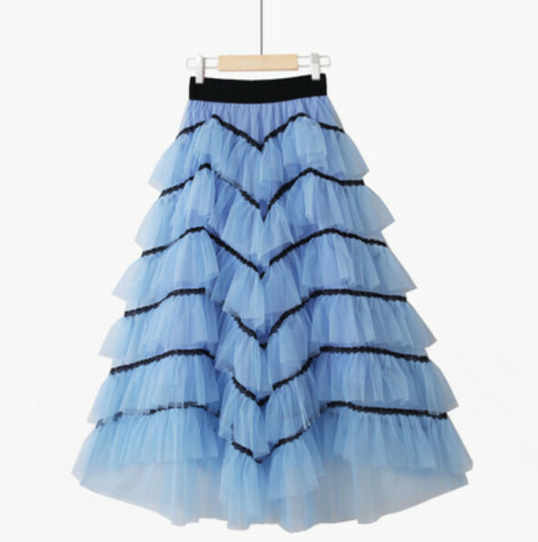 Spliced cake mesh skirt [light blue/wave + black line] (one-size-fits-all elasticated waist)