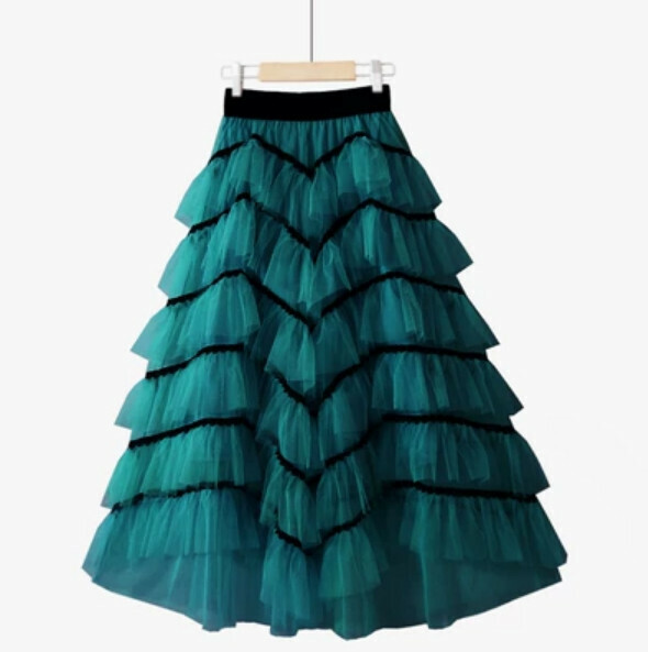 Spliced cake mesh skirt [dark green/wave + black line] (one-size-fits-all elasticated waist)
