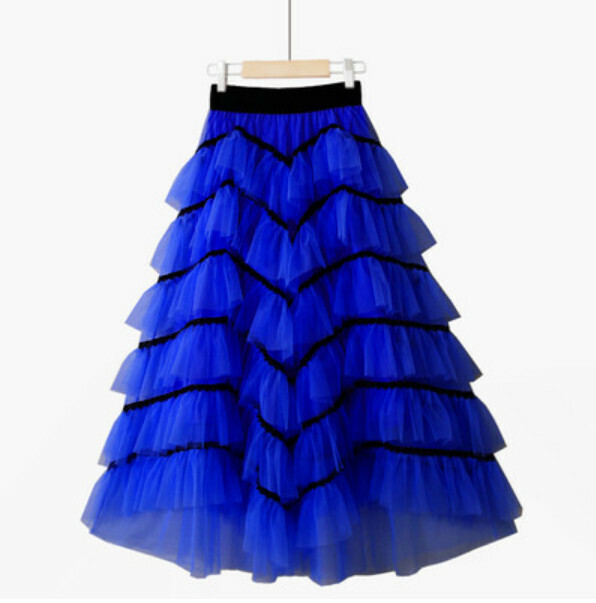 Spliced cake mesh skirt [royal blue/wave + black line] (one-size-fits-all elasticated waist)