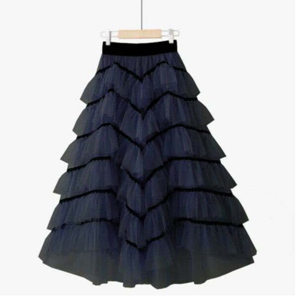 Spliced cake mesh skirt [black/wave + black line] (one-size-fits-all elasticated waist)