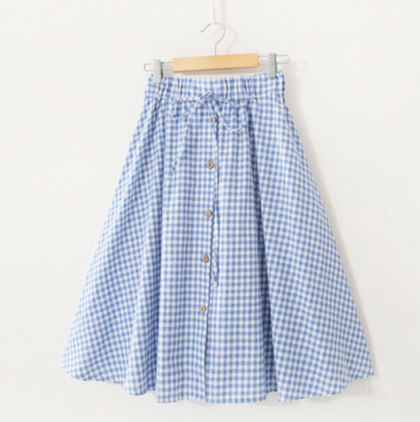 Small fresh elasticated high-waisted skirt (light blue checkered [check] one-size-fits-all)