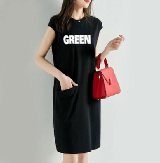 Loose and thin printed T dress [30520 black English] (S-3XL size) (Contact customer service to confirm size after placing an order)