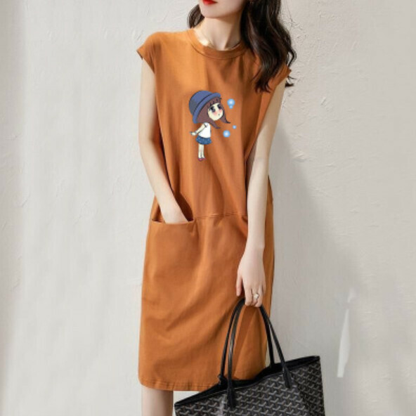 Loose and thin printed T dress [30416 khaki bubble girl] (S-3XL size) (contact customer service to confirm size after placing an order)