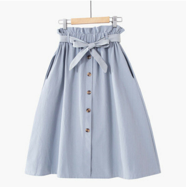 Solid color single-breasted skirt (Vintage Blue [tie bow belt] 603 #均碼 elastic waist)