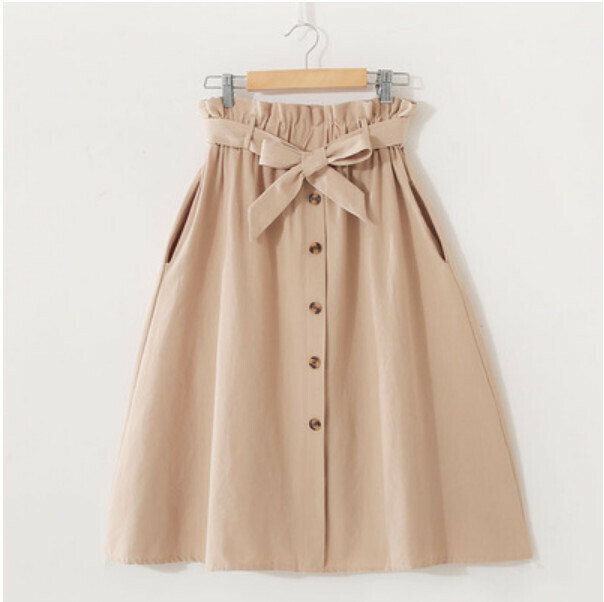 Solid color single-breasted skirt (apricot [tie bow belt] 603 #均碼 elastic waist)