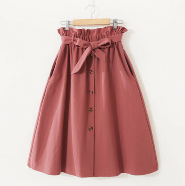 Solid color single-breasted skirt (dark brick red [tie bow belt] 603 #均碼 elastic waist)