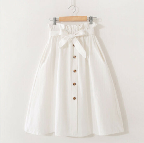 Solid color single-breasted skirt (white【tie bow belt】603 #均碼 elastic waist)