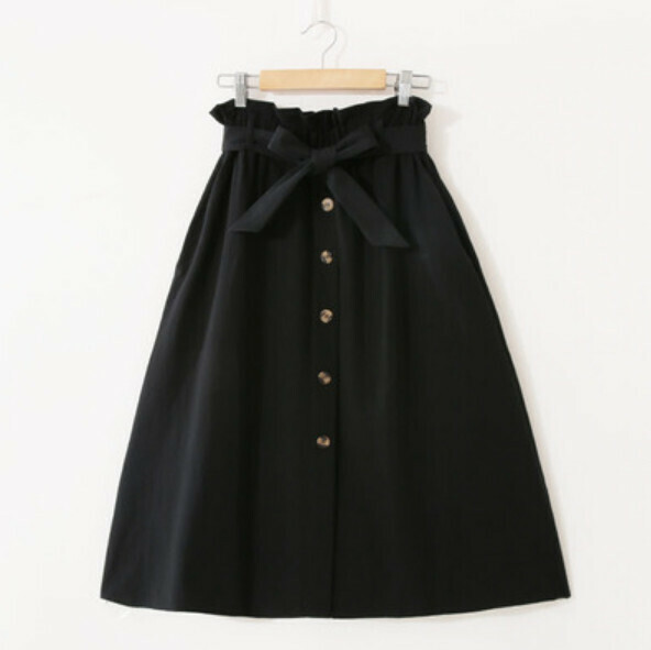 Solid color single-breasted skirt (black [tie bow belt] 603 #均碼 elastic waist)