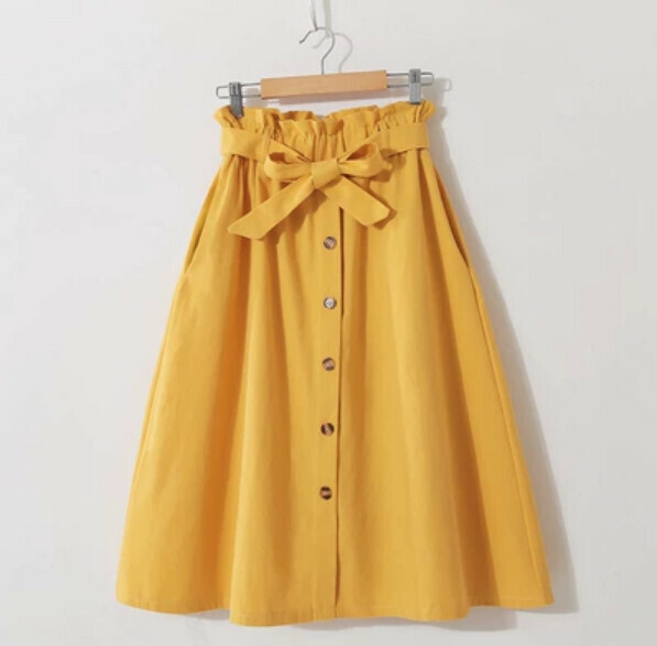 Solid color single-breasted skirt (yellow【tie bow belt】603 #均碼 elastic waistband
