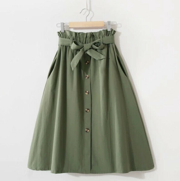 Solid color single-breasted skirt (army green [tie bow belt] 603 #均碼 elasticated waist)