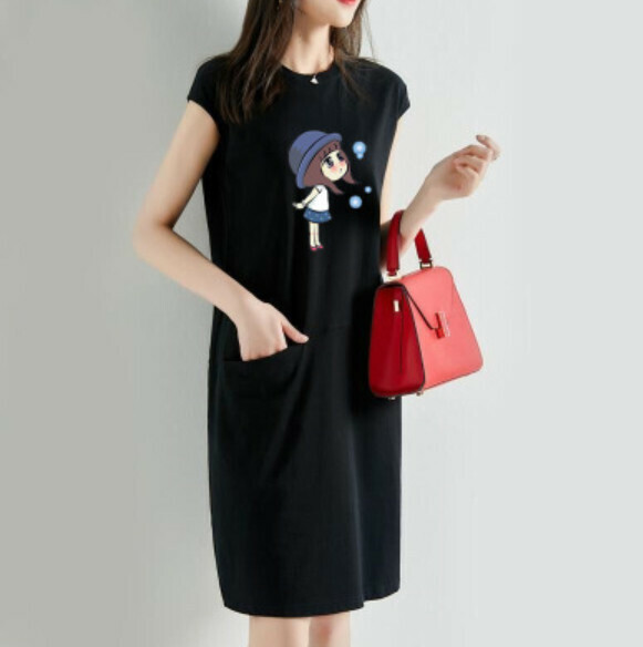 Loose and thin printed T dress [30416 Black Bubble Girl] (S-3XL size) (Contact customer service to confirm size after placing an order)