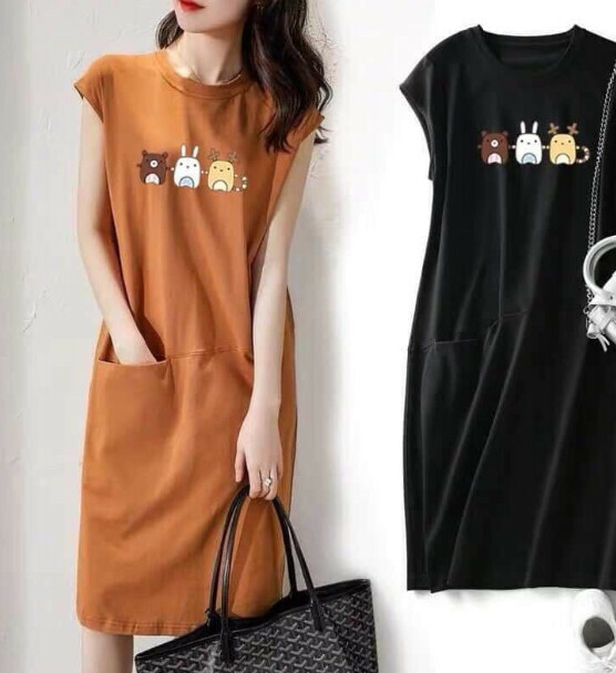 Loose and thin printed T dress [30412 khaki three] (S-3XL size) (Contact customer service to confirm the size after placing an order)