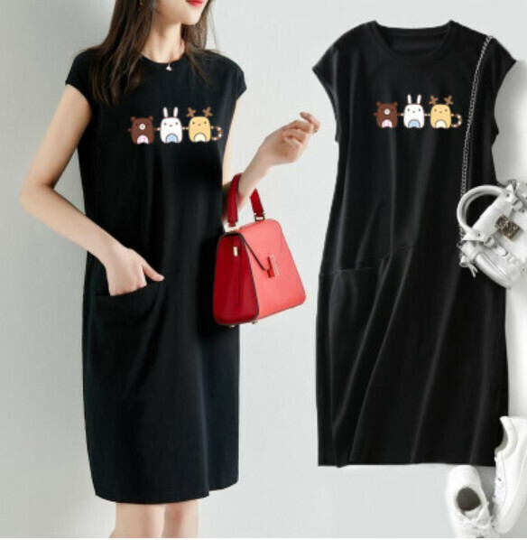 Loose and thin printed T dress [30412 black three] (S-3XL) (contact customer service to confirm size after placing an order)