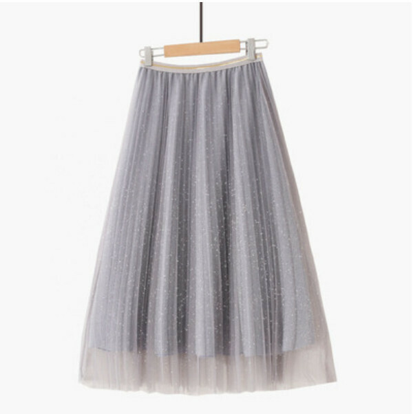 Pleated sparkling silk gauze skirt skirt [light gray-one-size-fits-all elasticated waist]