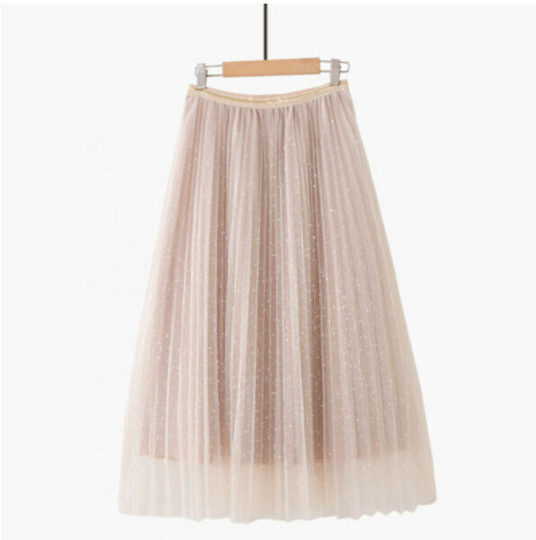 Pleated shiny silk gauze skirt skirt [apricot-free elastic waist]