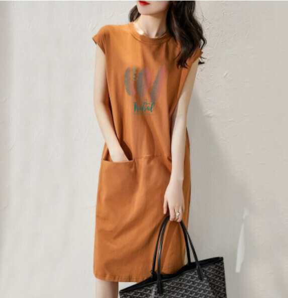 Loose and thin printed T dress [30625 khaki feather] (S-3XL) (Contact customer service to confirm size after placing an order)