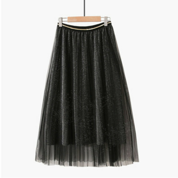 Pleated sparkling silk gauze skirt skirt [black-one-size elasticated waist]