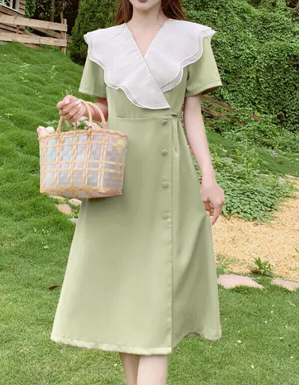 Fashionable waist slim ruffle temperament dress (green) (M-4XL) (contact customer service to confirm size after placing an order) 