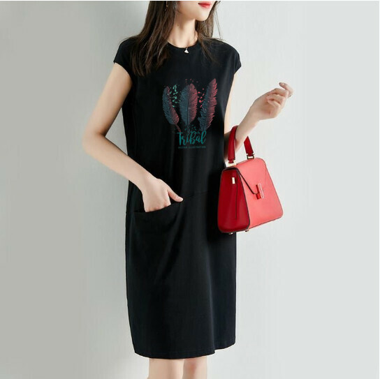 Loose and thin printed T dress [30625 black feather] (S-3XL size) (Contact customer service to confirm size after placing an order)