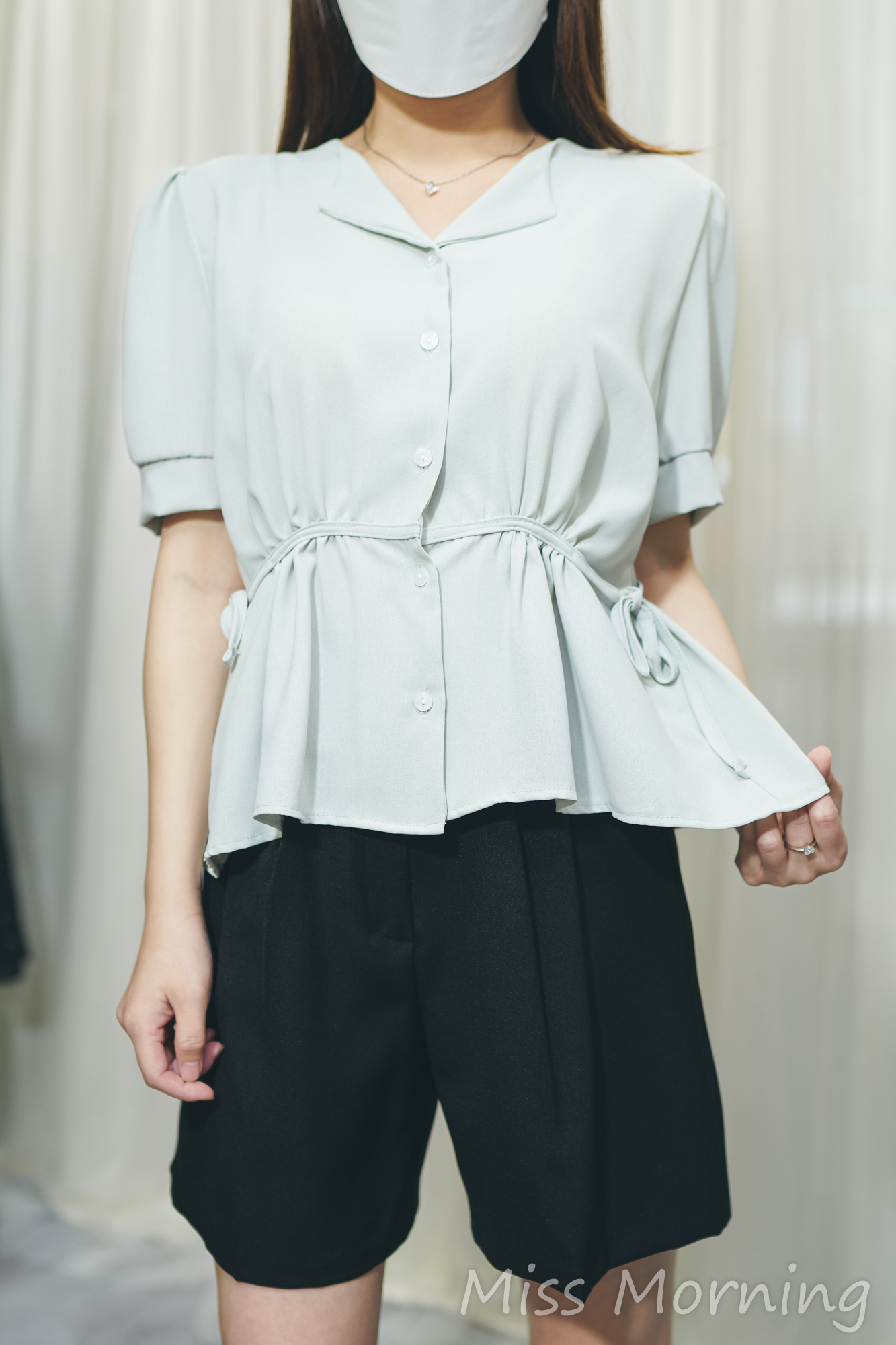 小反領束腰雪紡上衣(13897)