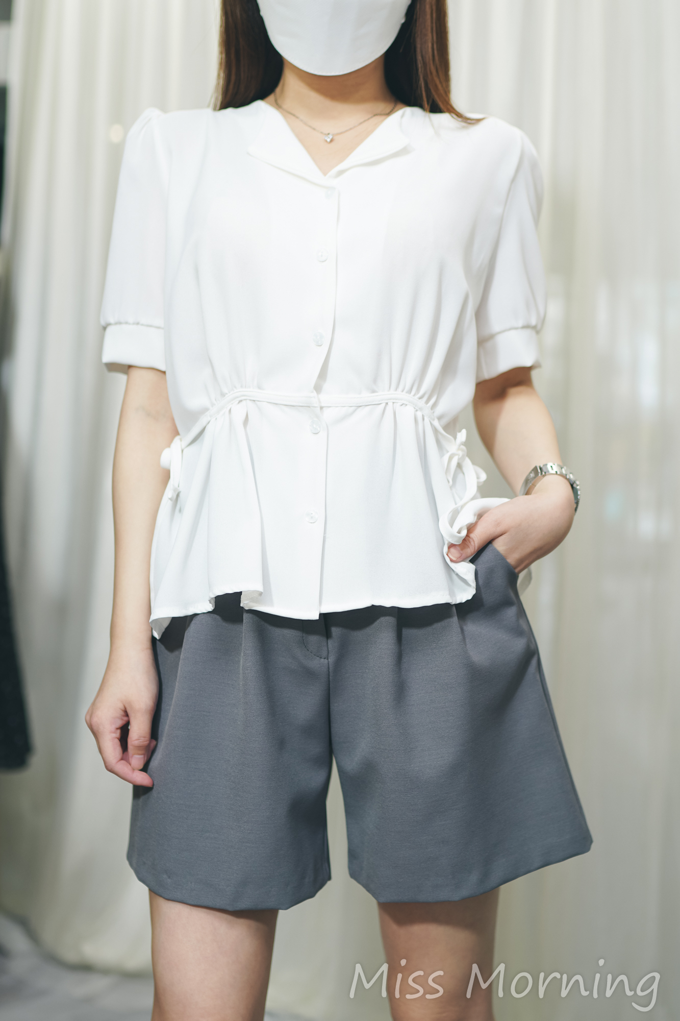 小反領束腰雪紡上衣(13897)