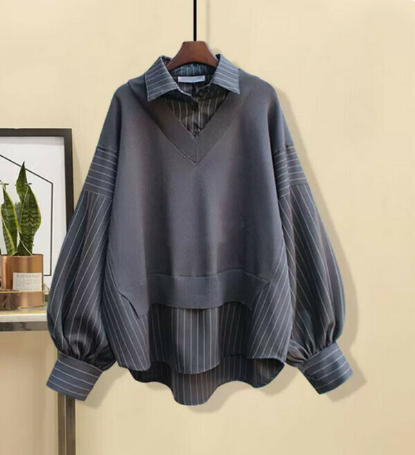 熱賣女生套裝條紋假兩件襯衫#單件(灰色)(M-4XL碼) (下單後聯系客服確認尺碼) 