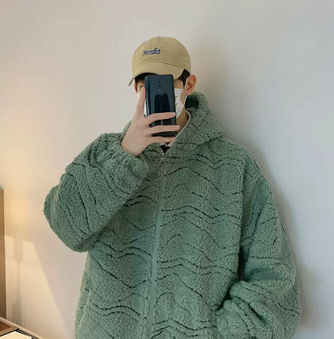 熱賣羊羔毛外套男（綠色 尺碼：M-3XL）（下單後聯絡客服確認發貨尺碼）