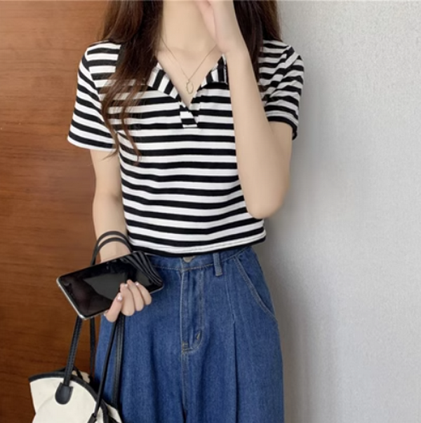 Summer V-Neck Striped Short Sleeve T-Shirt Women's (Black) (Size: One Size)