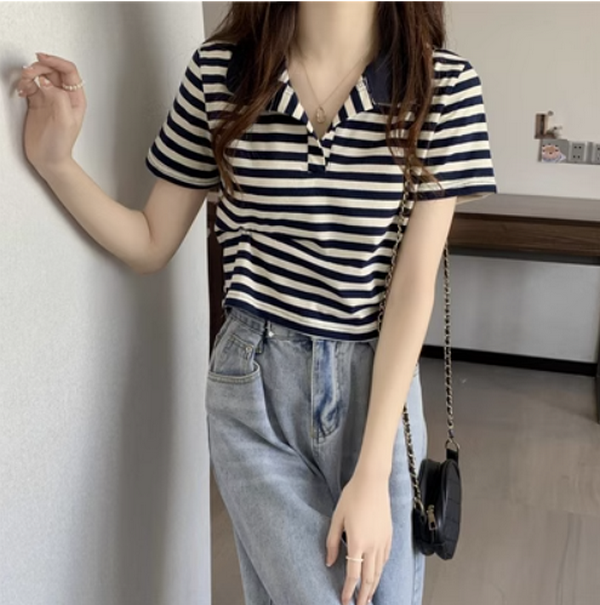 Summer V-Neck Striped Short Sleeve T-Shirt Women's (Blue) (Size: One Size)