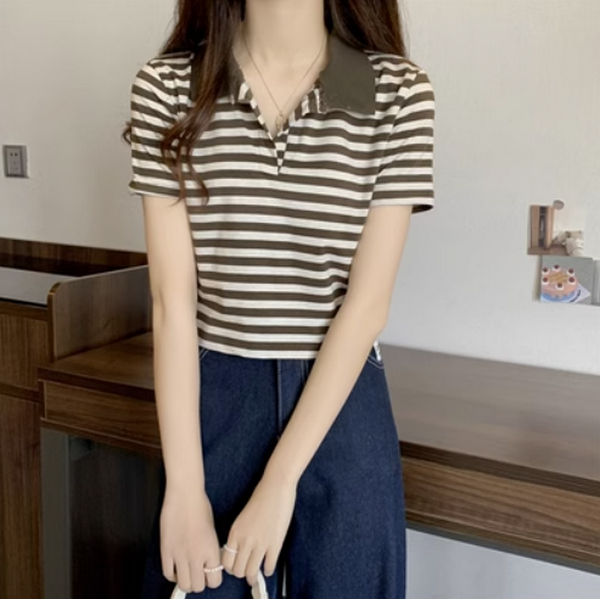 Summer V-Neck Striped Short Sleeve T-Shirt Women's (Apricot) (Size: One Size)