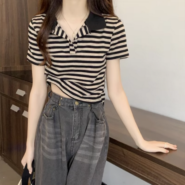 Summer V-Neck Striped Short Sleeve T-Shirt Women's (Coffee Smoke Gray) (Size: One Size)