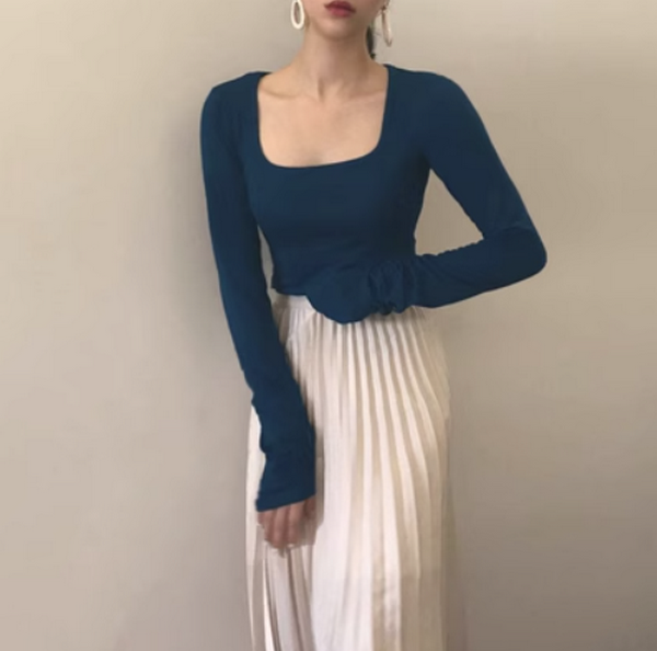 French Vintage Top Women's Versatile Cropped Long Sleeve Bottom Knit (Peacock Blue) (Size: One Size)