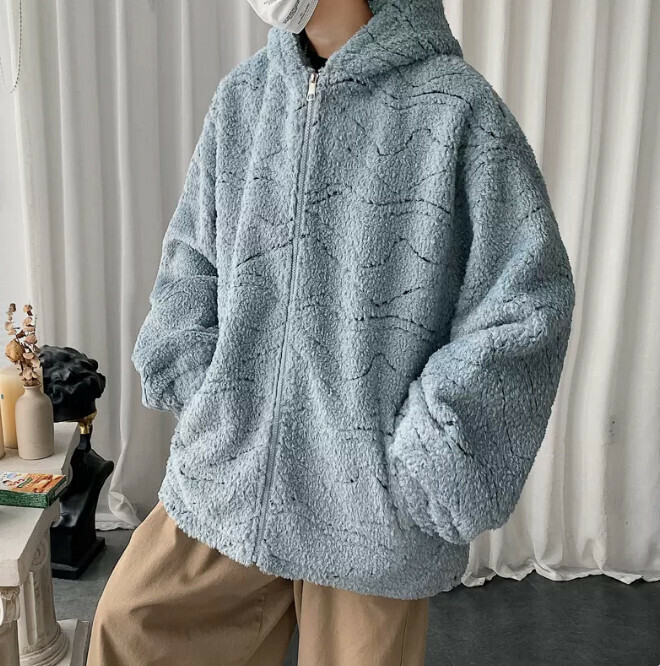 熱賣羊羔毛外套男（藍色 尺碼：M-3XL）（下單後聯絡客服確認發貨尺碼）