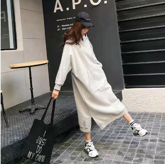 Loose Hooded Fleece Dress [Gray] (L-4XL) (Contact customer service to confirm size after placing an order)