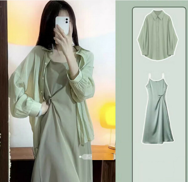 Women's Suit - Shirt + Sundress (Green) (M-4XL) (Contact customer service to confirm size after placing an order) 