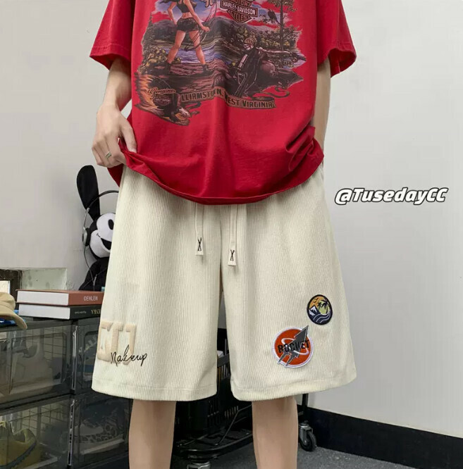 新款貼標刺繡短褲（杏色M-2XL）（下單后聯繫客服確認發貨尺碼）