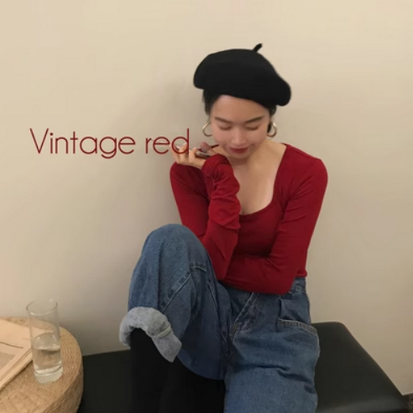French Vintage Top Women's Versatile Cropped Long Sleeve Bottom Knit (Burgundy) (Size: One Size)