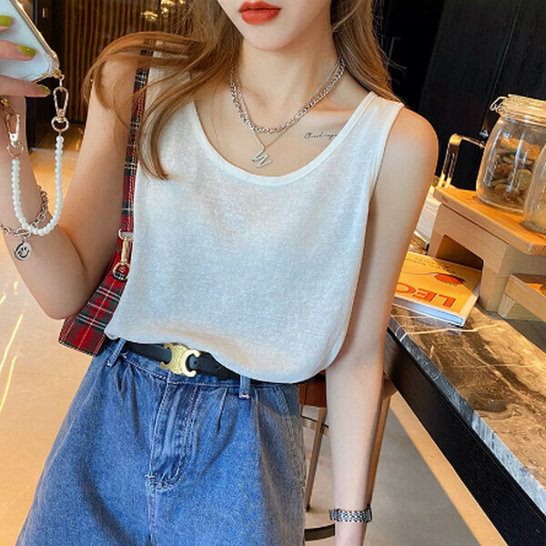 Snowflake linen cotton thin loose sleeveless T-shirt camisole【White】【One size 95-130 lbs】