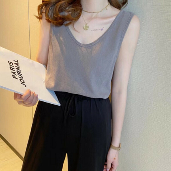 Snowflake linen cotton thin loose sleeveless T-shirt camisole【Gray】【One size 95-130 lbs】