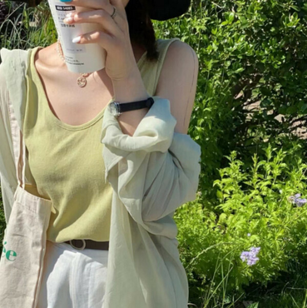 Snowflake linen cotton thin loose sleeveless T-shirt camisole【Mustard green】【One size 95-130 lbs】