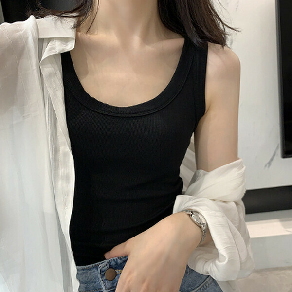 Threaded cotton thin loose sleeveless T-shirt camisole【Black】【One size 95-130 lbs】