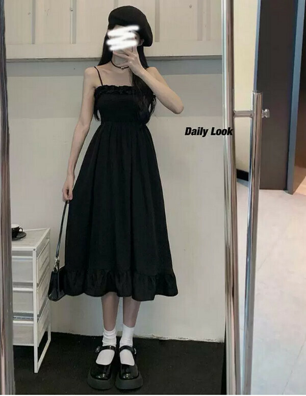 激抵長款胖mm連衣吊帶裙#單件(黑色)(M-4XL碼) (下單後聯系客服確認尺碼) 