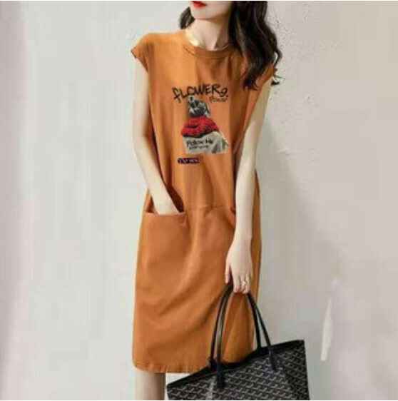 Loose and thin T dress [301018 khaki head] (M-3XL size) (Contact customer service to confirm size after placing an order)