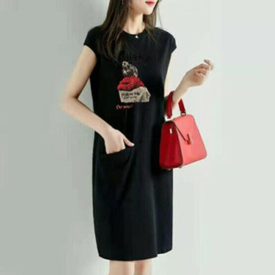 Loose and slim T dress [301018 black head] (M-3XL size) (Contact customer service to confirm size after placing an order)
