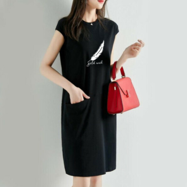 Loose and thin T dress [301033 black feather] (M-3XL) (Contact customer service to confirm size after placing an order)
