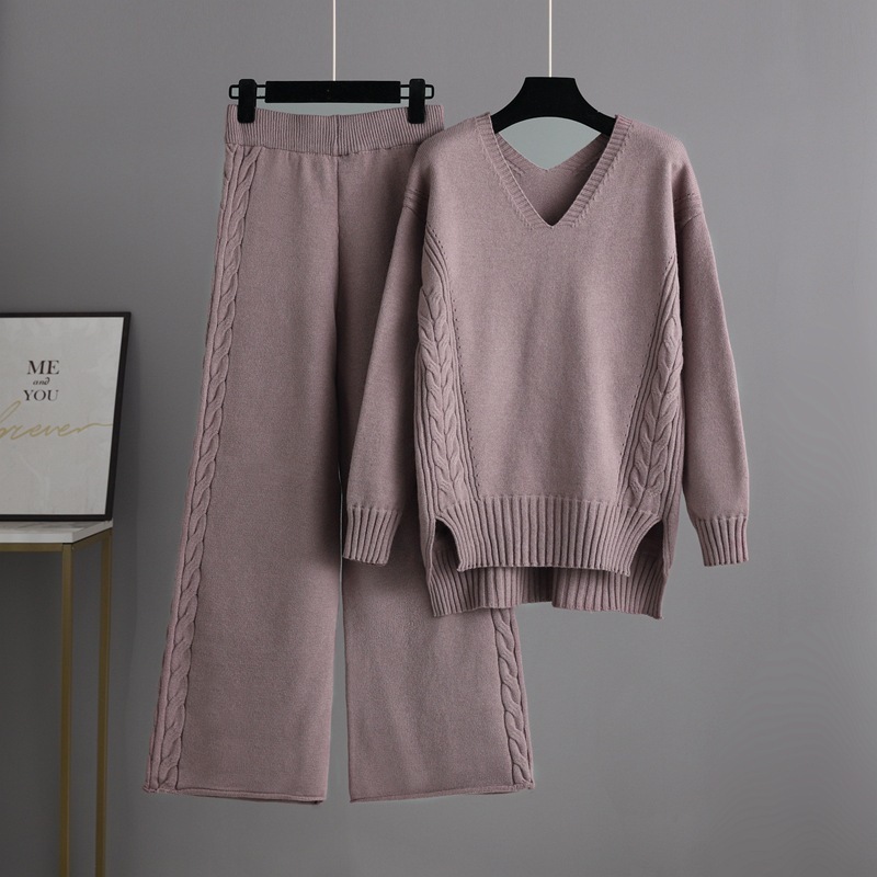 Temperament casual knitted sweater set (one-size-fits-all top + pants purple)