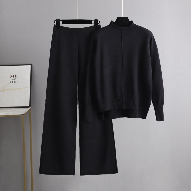 Temperament casual knitted sweater set (one-size-fits-all top + pants black)