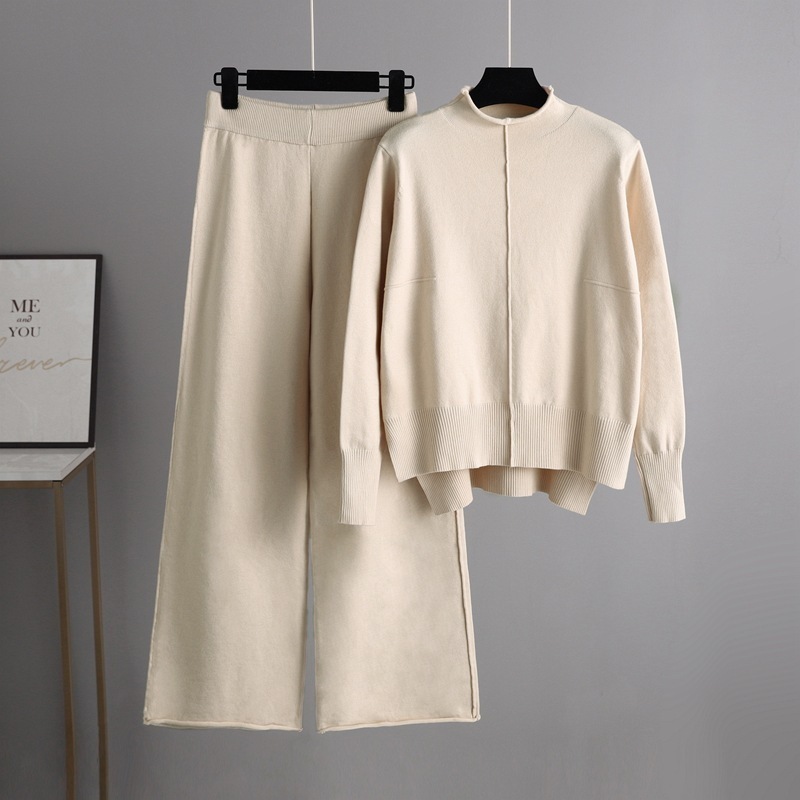 Temperament casual knitted sweater set (one-size-fits-all top + pants apricot)